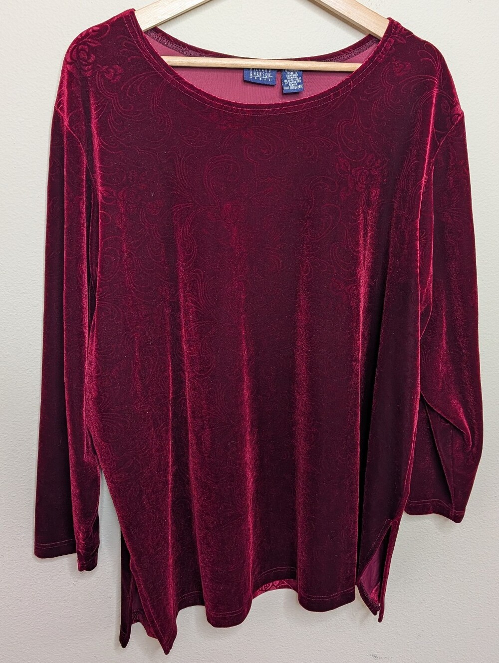 Hillard & Hanson Burgundy Velvet Burnout Top 2X Long Sleeve Boatneck